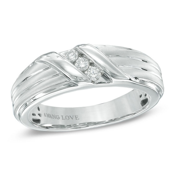 Previously Owned - Vera Wang Men's 1/8 CT. T.w. Diamond Three Stone Wedding Band in 14K White Gold