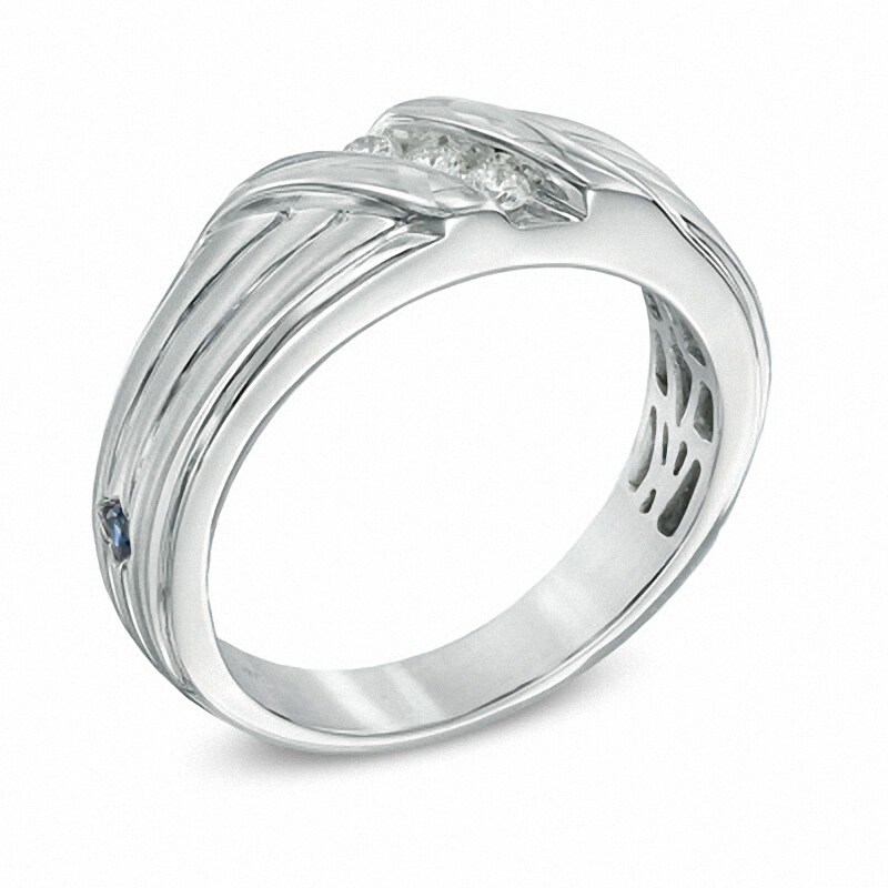 Main Image 2 of Previously Owned - Vera Wang Men's 1/8 CT. T.W. Diamond Three Stone Wedding Band in 14K White Gold