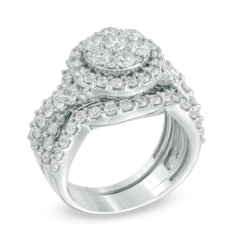 Main Image 2 of Previously Owned - 2-1/2 CT. T.W. Diamond Cluster Twist Three Piece Bridal Set in 14K White Gold