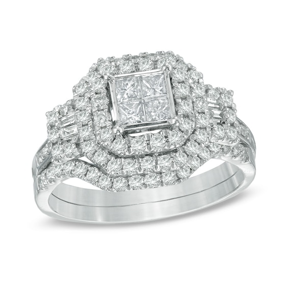 Previously Owned - 1 CT. T.w. Quad Princess-Cut Diamond Frame Three Stone Bridal Set in 10K White Gold
