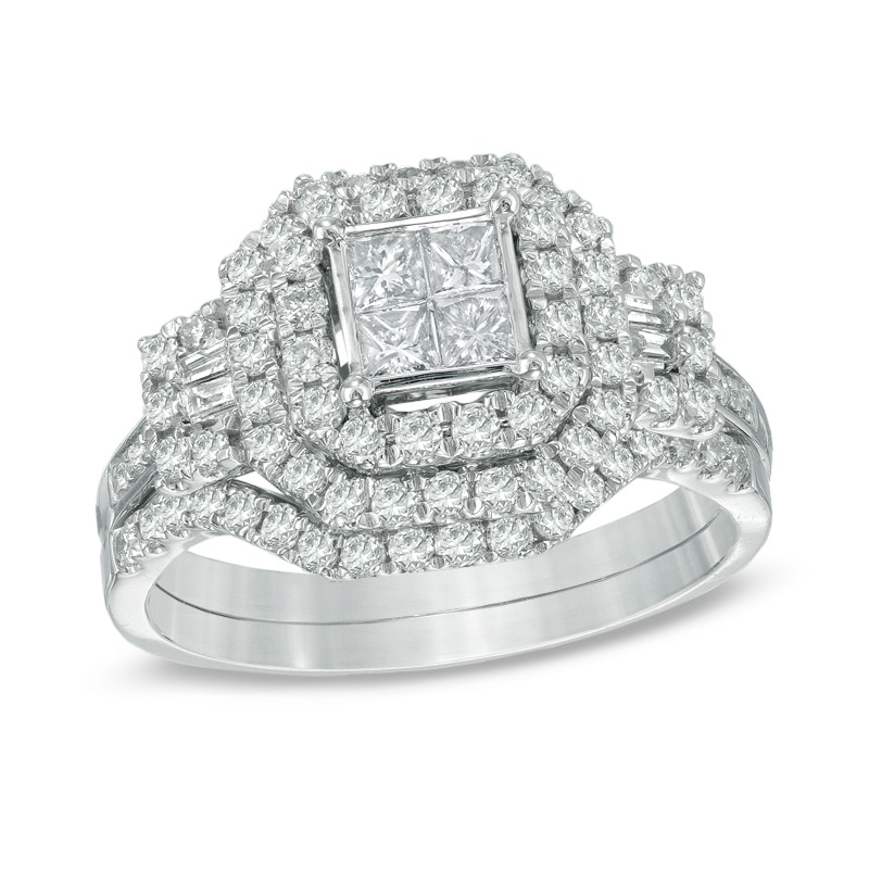 Main Image 1 of Previously Owned - 1 CT. T.W. Quad Princess-Cut Diamond Frame Three Stone Bridal Set in 10K White Gold