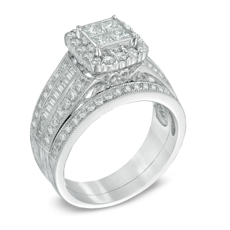 Main Image 2 of Previously Owned - 1 CT. T.W. Quad Princess-Cut Diamond Frame Three Stone Bridal Set in 10K White Gold