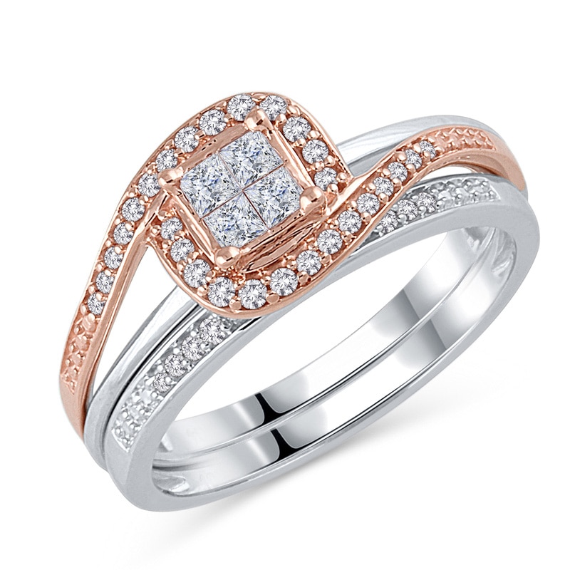 Main Image 1 of Previously Owned - 1/3 CT. T.W. Quad Princess-Cut Diamond Bypass Bridal Set in 10K Two-Tone Gold