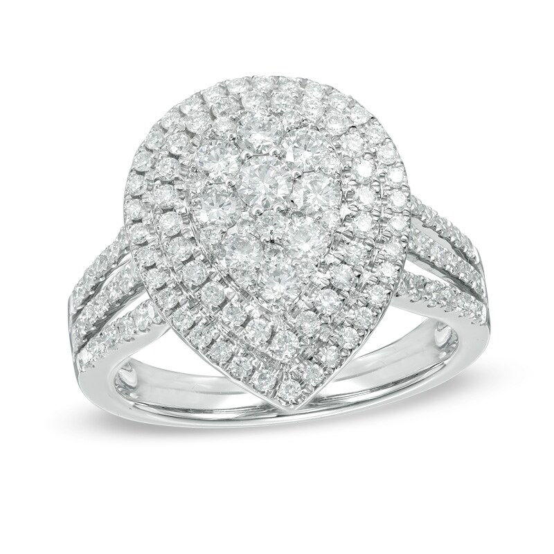 Main Image 1 of Previously Owned - 1-1/8 CT. T.W. Composite Diamond Pear-Shaped Double Frame Engagement Ring in 14K White Gold