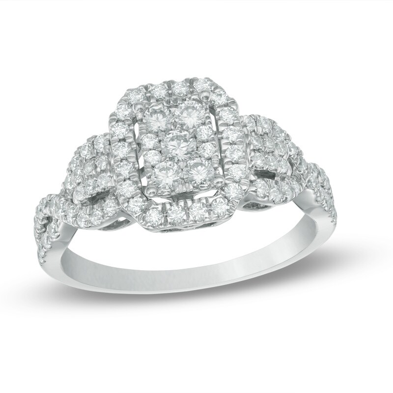Main Image 1 of Previously Owned - 3/4 CT. T.W. Rectangular Composite Diamond Frame Twist Shank Engagement Ring in 10K White Gold