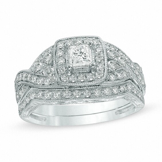 Previously Owned - 1 CT. T.w. Princess-Cut Diamond Twist Bridal Set in 14K White Gold