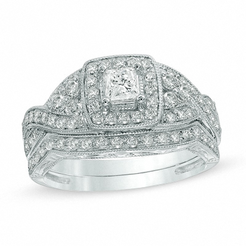 Main Image 1 of Previously Owned - 1 CT. T.W. Princess-Cut Diamond Twist Bridal Set in 14K White Gold