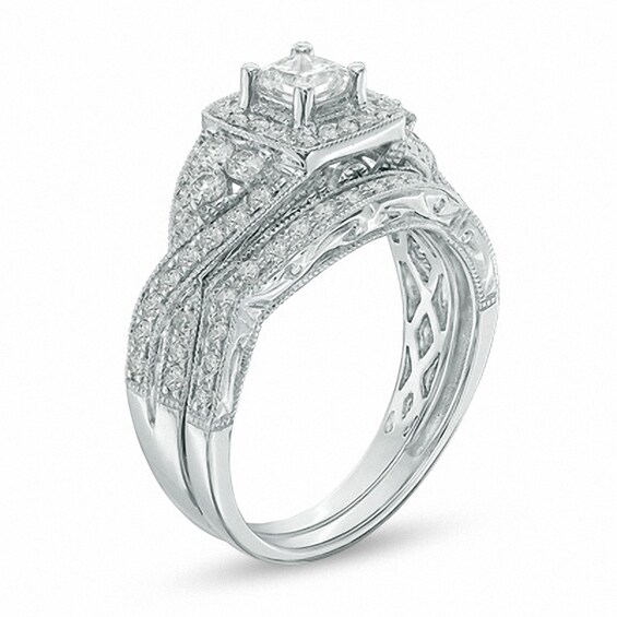 Previously Owned - 1 CT. T.w. Princess-Cut Diamond Twist Bridal Set in 14K White Gold
