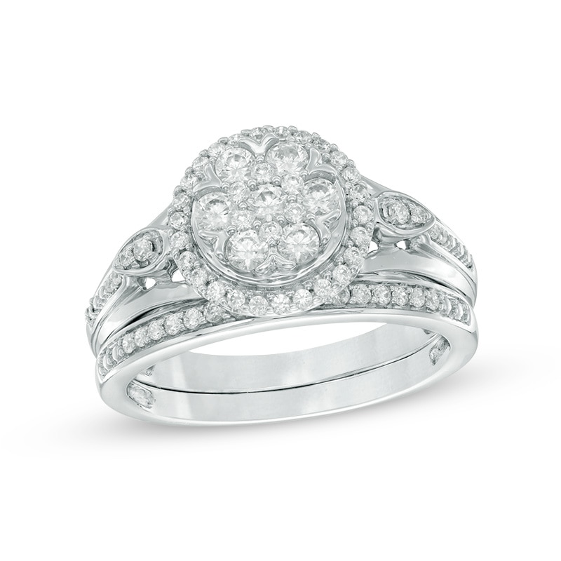 Main Image 1 of Previously Owned - 1/2 CT. T.W. Composite Diamond Frame Bridal Set in 10K White Gold