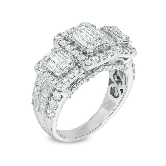 Previously Owned - 2 CT. T.w. Baguette Composite Diamond Three Stone Engagement Ring in 14K White Gold