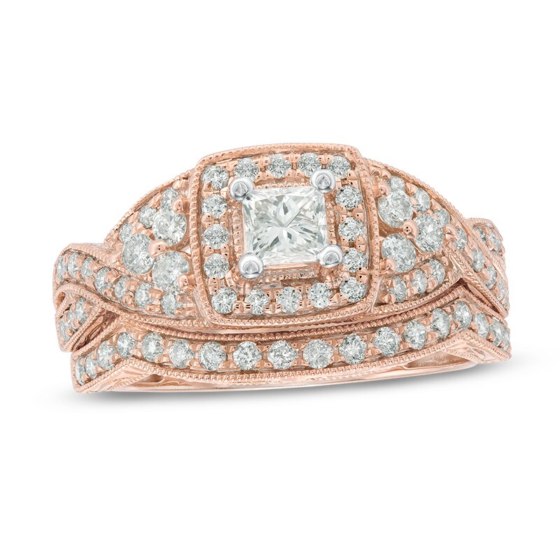 Main Image 1 of Previously Owned - 1 CT. T.W. Princess-Cut Diamond Square Frame Vintage-Style Twist Bridal Set in 14K Rose Gold