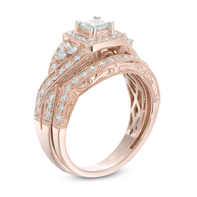 Main Image 2 of Previously Owned - 1 CT. T.W. Princess-Cut Diamond Square Frame Vintage-Style Twist Bridal Set in 14K Rose Gold