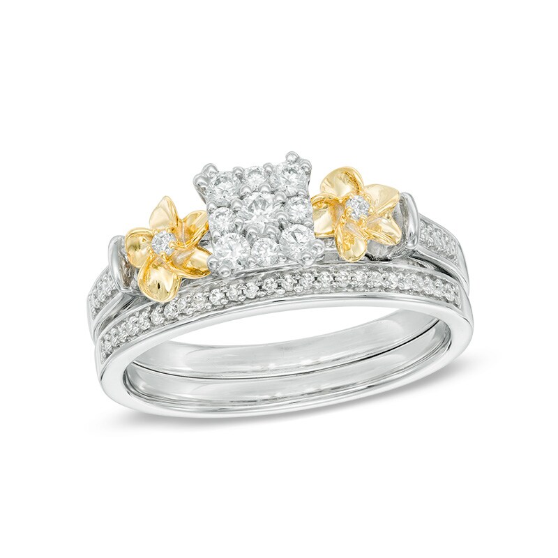 Main Image 1 of Previously Owned - 1/3 CT. T.W. Rectangular Composite Diamond Flower Collar Bridal Set in Sterling Silver and 10K Gold