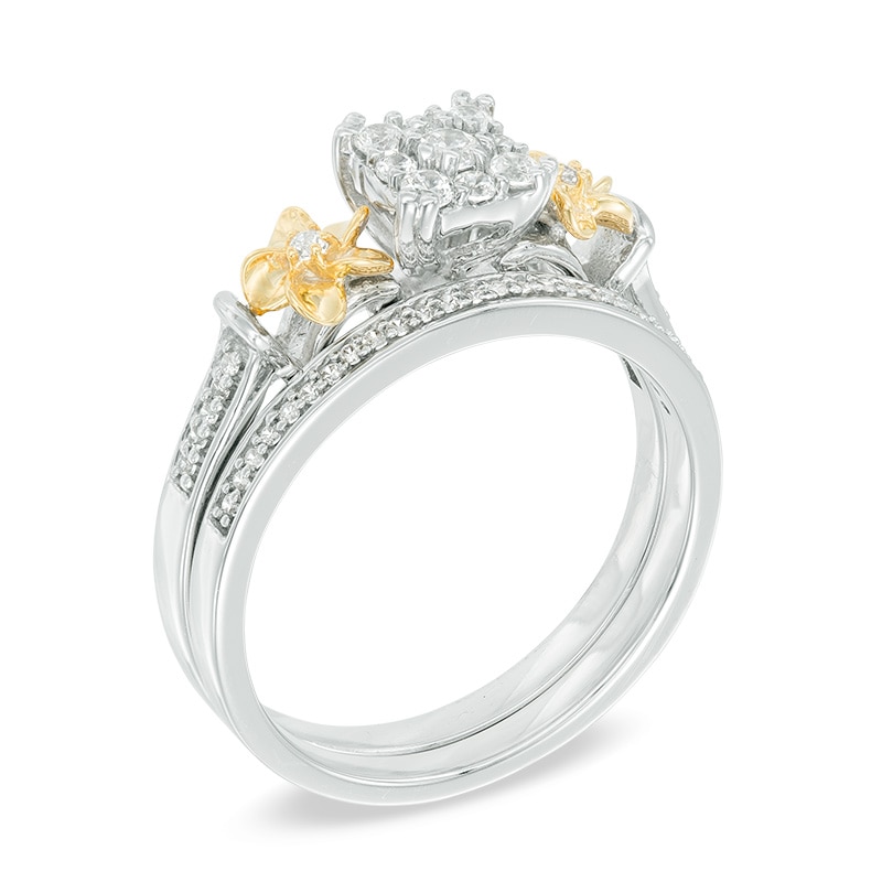Main Image 2 of Previously Owned - 1/3 CT. T.W. Rectangular Composite Diamond Flower Collar Bridal Set in Sterling Silver and 10K Gold