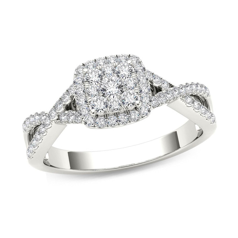 Main Image 1 of Previously Owned - 3/8 CT. T.W. Composite Diamond Square Frame Crossover Engagement Ring in 14K White Gold
