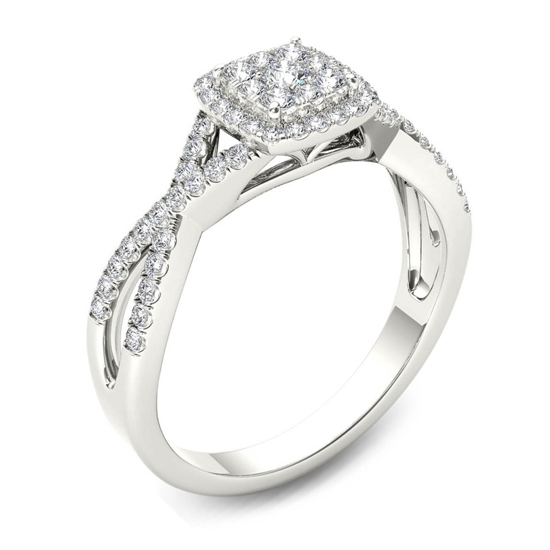 Main Image 2 of Previously Owned - 3/8 CT. T.W. Composite Diamond Square Frame Crossover Engagement Ring in 14K White Gold