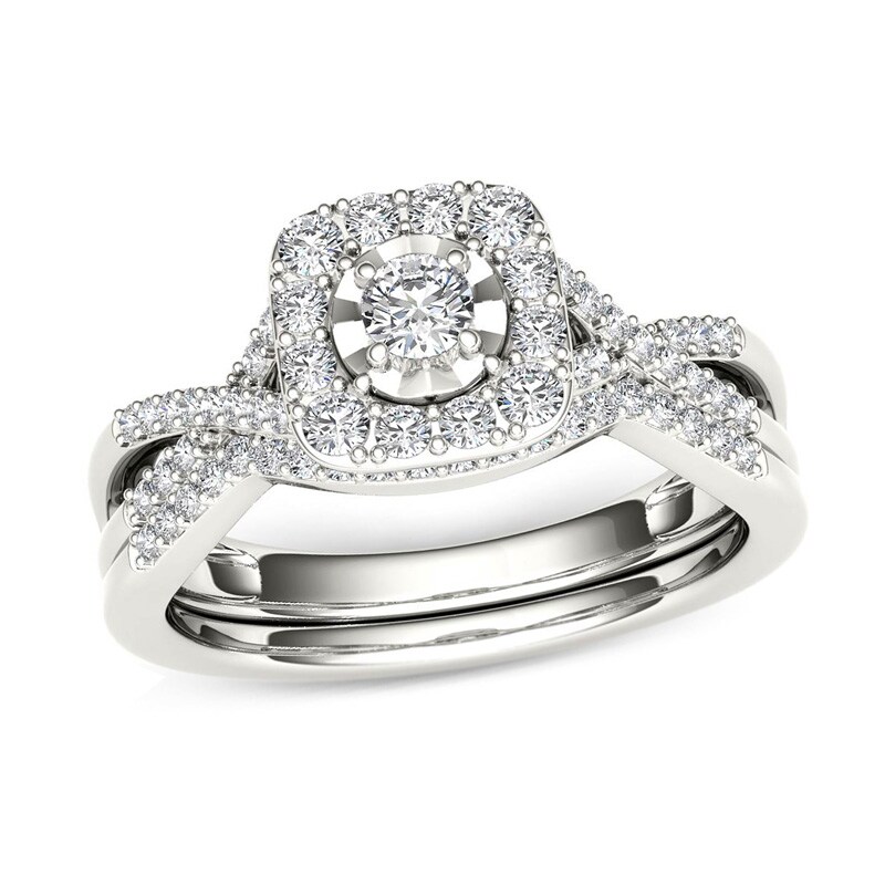 Main Image 1 of Previously Owned - 3/8 CT. T.W. Diamond Cushion Frame Twist Bridal Set in 14K White Gold