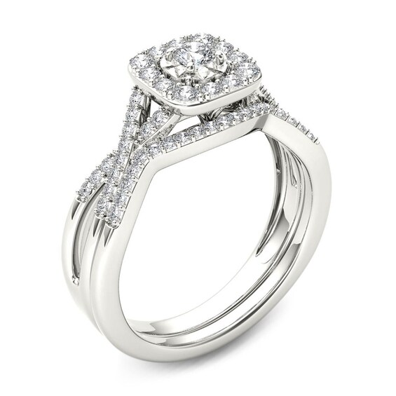 Previously Owned - 3/8 CT. T.w. Diamond Cushion Frame Twist Bridal Set in 14K White Gold