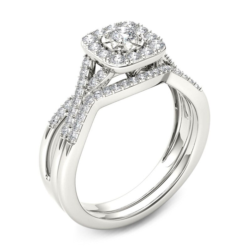 Main Image 2 of Previously Owned - 3/8 CT. T.W. Diamond Cushion Frame Twist Bridal Set in 14K White Gold