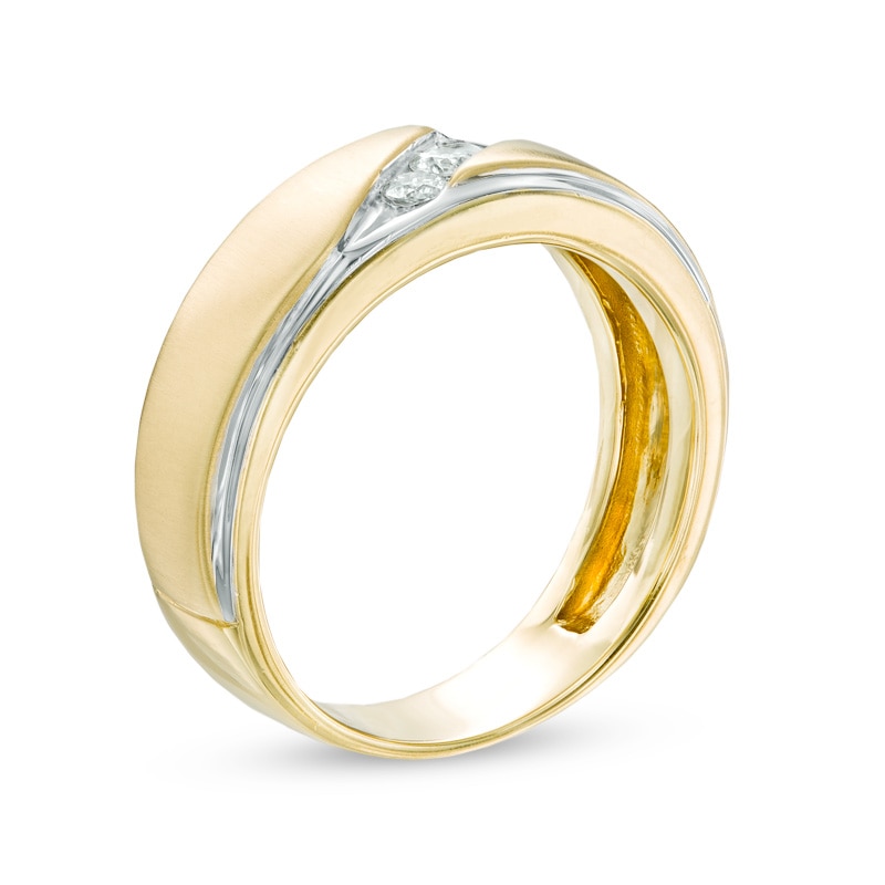 Main Image 2 of Previously Owned - 1/3 CT. T.W. Diamond Satin Three Stone Slant Wedding Band in 10K Gold