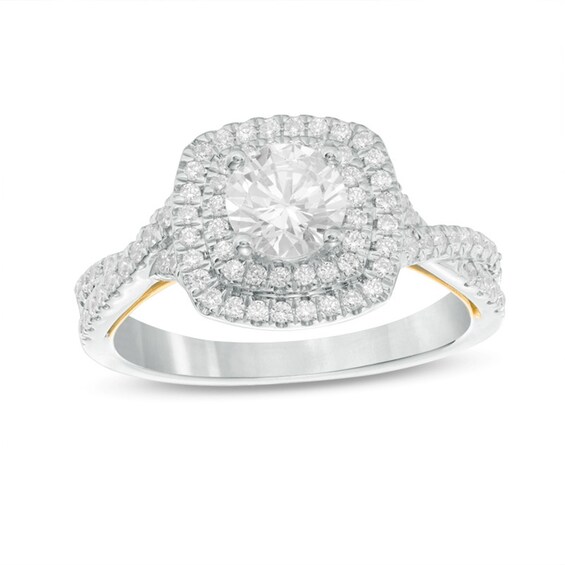 Previously Owned - 1-1/6 CT. T.w. Diamond Cushion Frame Twist Engagement Ring in 14K Two-Tone Gold