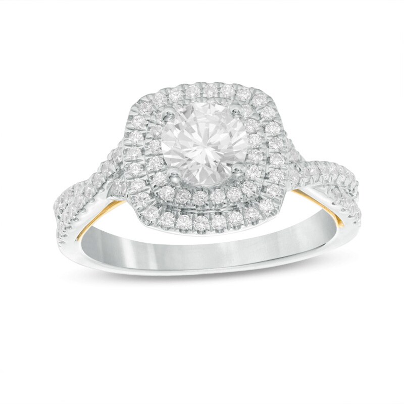 Main Image 1 of Previously Owned - 1-1/6 CT. T.W. Diamond Cushion Frame Twist Engagement Ring in 14K Two-Tone Gold