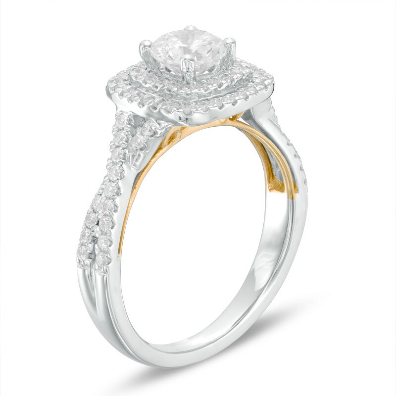 Main Image 2 of Previously Owned - 1-1/6 CT. T.W. Diamond Cushion Frame Twist Engagement Ring in 14K Two-Tone Gold