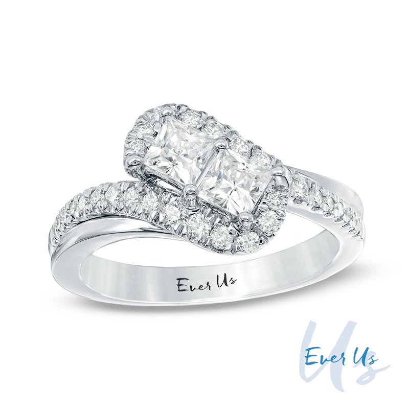 Main Image 1 of Previously Owned - Ever Us® 1 CT. T.W. Two-Stone Princess-Cut Diamond Tilted Bypass Frame Ring in 14K White Gold