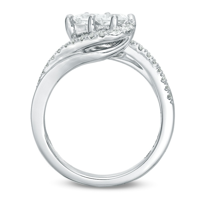 Main Image 2 of Previously Owned - Ever Us® 1 CT. T.W. Two-Stone Princess-Cut Diamond Tilted Bypass Frame Ring in 14K White Gold