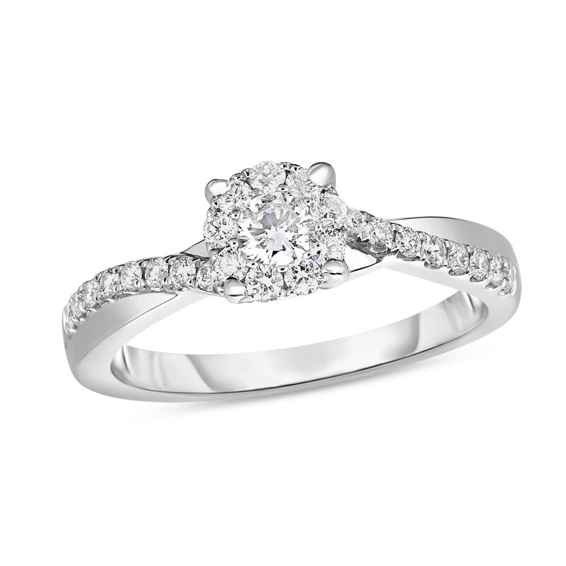 Main Image 1 of Previously Owned - 1/2 CT. T.W. Diamond Frame Twist Shank Engagement Ring in 10K White Gold