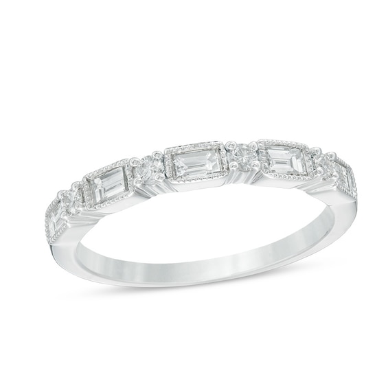Previously Owned - 1/2 CT. T.w. Baguette and Round Diamond Vintage-Style Wedding Band in 14K White Gold