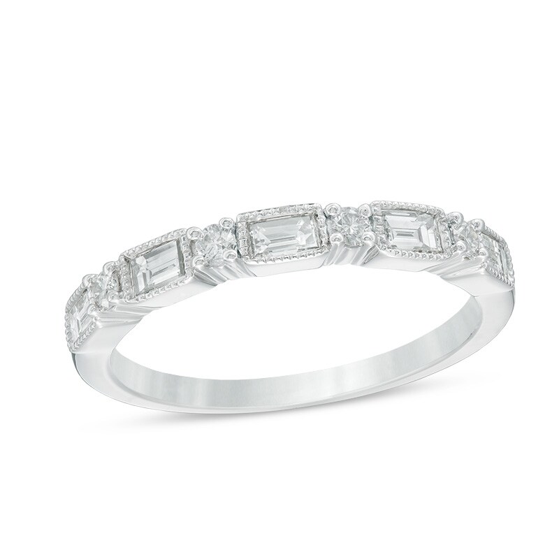 Main Image 1 of Previously Owned - 1/2 CT. T.W. Baguette and Round Diamond Vintage-Style Wedding Band in 14K White Gold