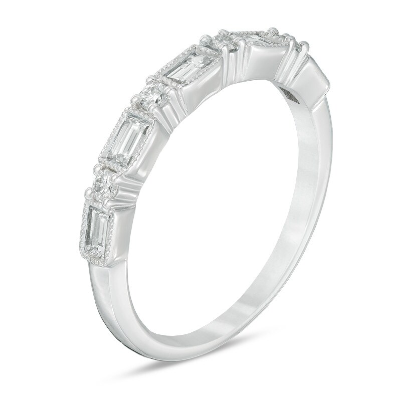 Main Image 2 of Previously Owned - 1/2 CT. T.W. Baguette and Round Diamond Vintage-Style Wedding Band in 14K White Gold
