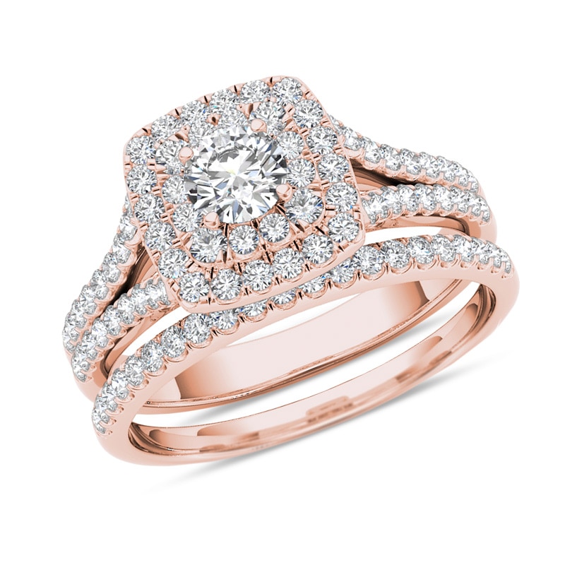 Main Image 1 of Previously Owned - 1 CT. T.W. Diamond Double Cushion Frame Split Shank Bridal Set in 14K Rose Gold