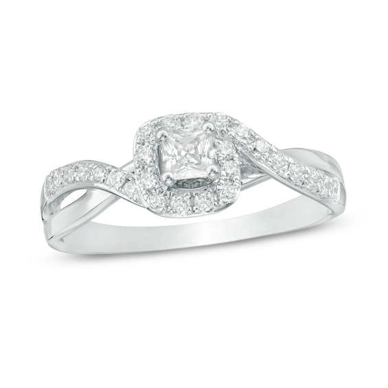 Previously Owned - 1/2 CT. T.w. Princess-Cut Diamond Swirl Bypass Frame Engagement Ring in 14K White Gold