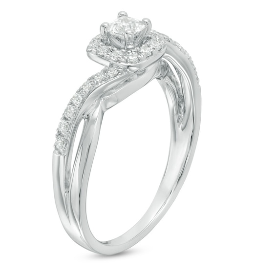 Previously Owned - 1/2 CT. T.w. Princess-Cut Diamond Swirl Bypass Frame Engagement Ring in 14K White Gold