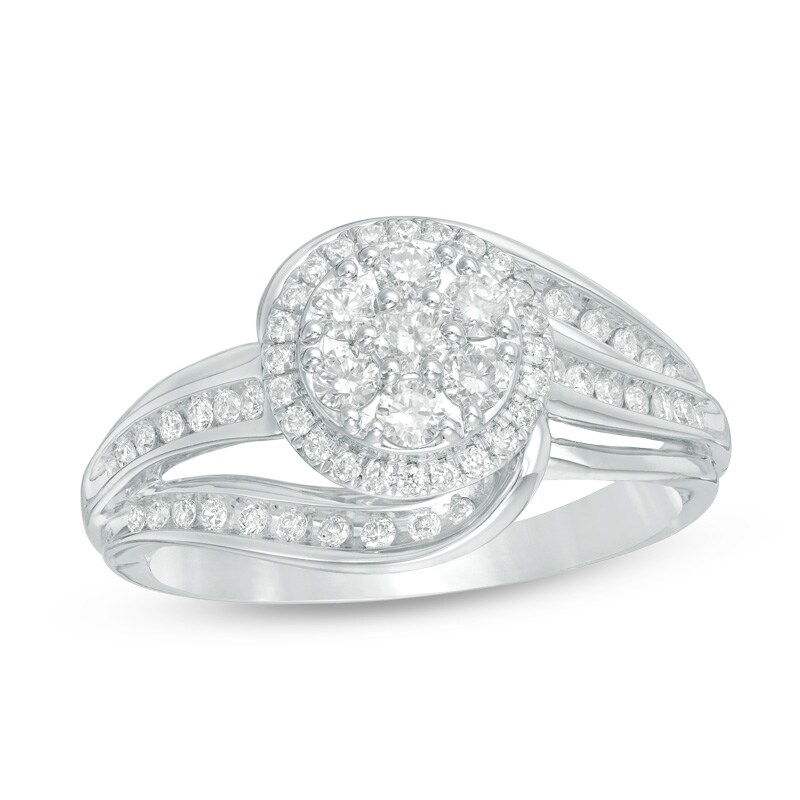 Main Image 1 of Previously Owned - 1/2 CT. T.W. Composite Diamond Frame Swirl Bypass Engagement Ring in 10K White Gold