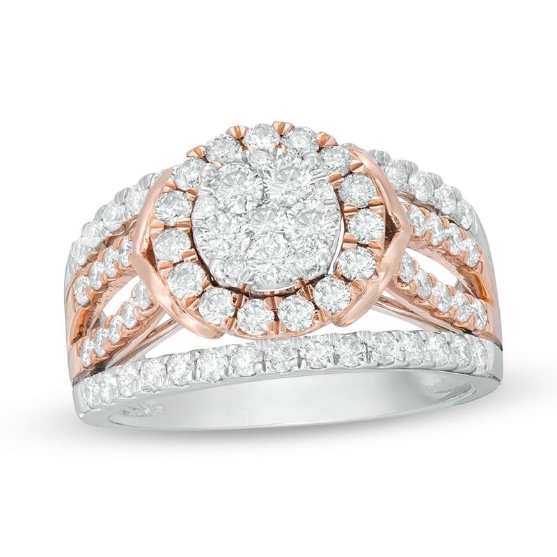 Main Image 1 of Previously Owned - 1-1/2 CT. T.W. Composite Diamond Frame Multi-Row Shank Ring in 10K Two-Tone Gold