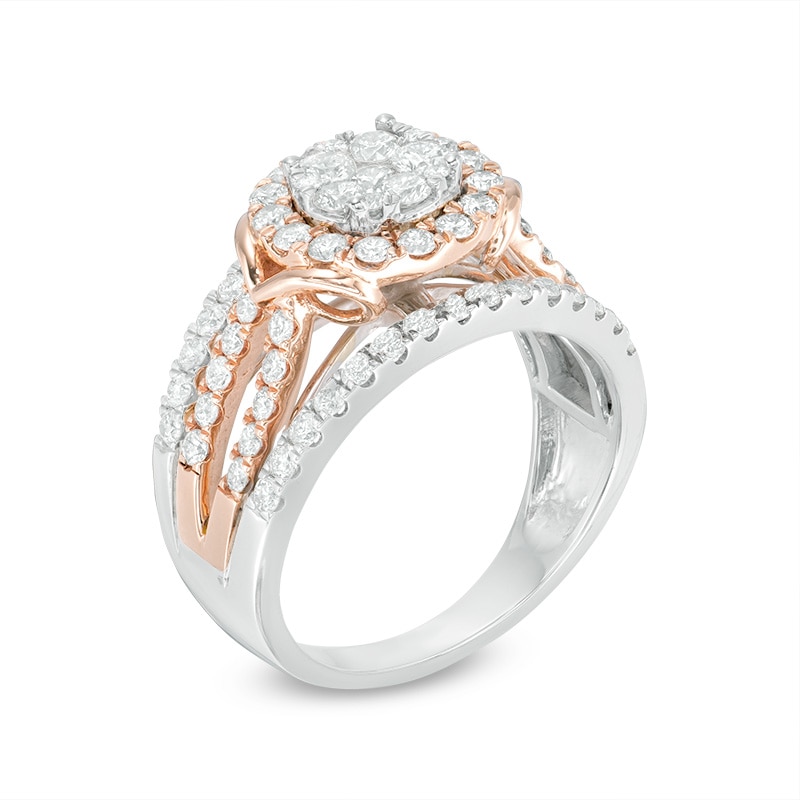 Main Image 2 of Previously Owned - 1-1/2 CT. T.W. Composite Diamond Frame Multi-Row Shank Ring in 10K Two-Tone Gold