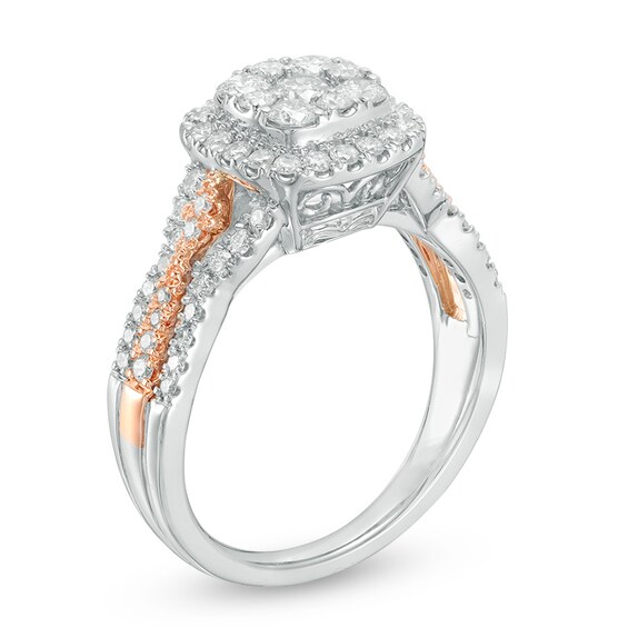 Previously Owned - 1 CT. T.w. Diamond Double Cushion Frame Engagement Ring in 14K Two-Tone Gold