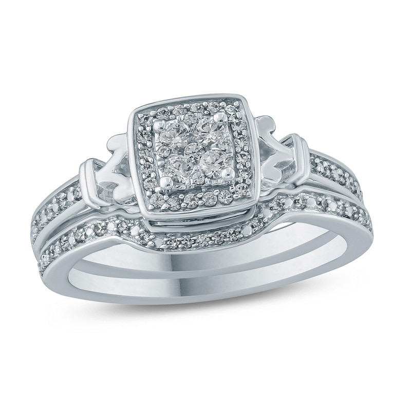 Main Image 1 of Previously Owned - 1/4 CT. T.W. Composite Diamond Cushion Frame Bridal Set in Sterling Silver