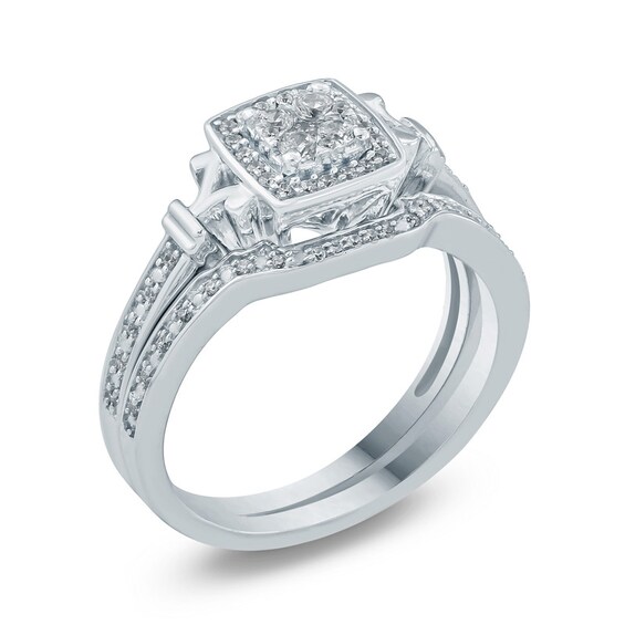 Previously Owned - 1/4 CT. T.w. Composite Diamond Cushion Frame Bridal Set in Sterling Silver