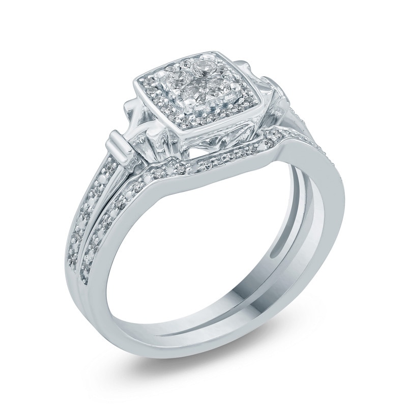 Main Image 2 of Previously Owned - 1/4 CT. T.W. Composite Diamond Cushion Frame Bridal Set in Sterling Silver