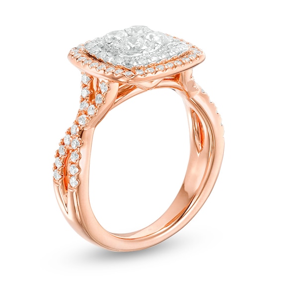 Previously Owned - 1 CT. T.w. Quad Diamond Double Cushion Frame Twist Engagement Ring in 14K Two-Tone Gold