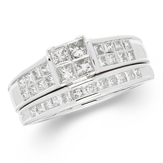 Previously Owned - 1 CT. T.w. Quad Princess-Cut Diamond Frame Bridal Set in 14K White Gold (I/I1)