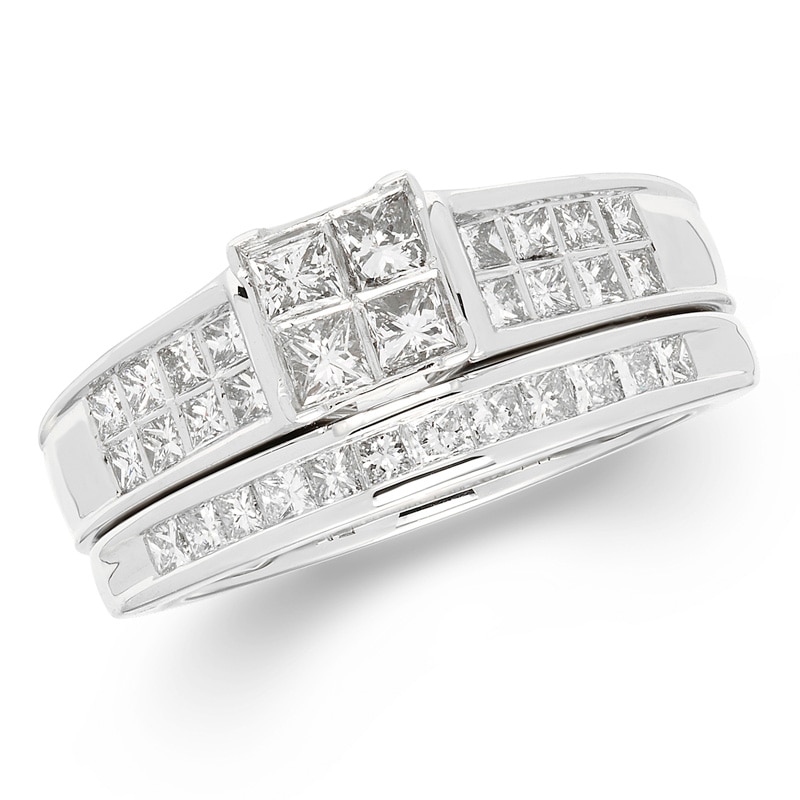 Main Image 1 of Previously Owned - 1 CT. T.W. Quad Princess-Cut Diamond Frame Bridal Set in 14K White Gold (I/I1)