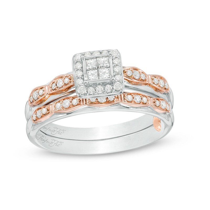 Main Image 1 of Previously Owned - 1/3 CT. T.W. Quad Princess-Cut Diamond Frame Interlocking Bridal Set in 10K Two-Tone Gold
