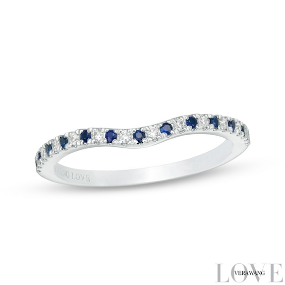 Previously Owned - Vera Wang Love Collection Sapphire and 1/15 CT. T.w. Diamond Contour Wedding Band in 14K White Gold