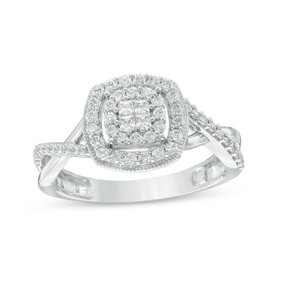 Previously Owned - 1/2 CT. T.w. Quad Princess-Cut Diamond Double Frame Twist Vintage-Style Ring in 10K White Gold