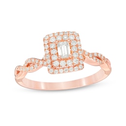 Previously Owned - 1/2 CT. T.W. Emerald-Cut Diamond Double Frame Twist Engagement Ring in 14K Rose Gold